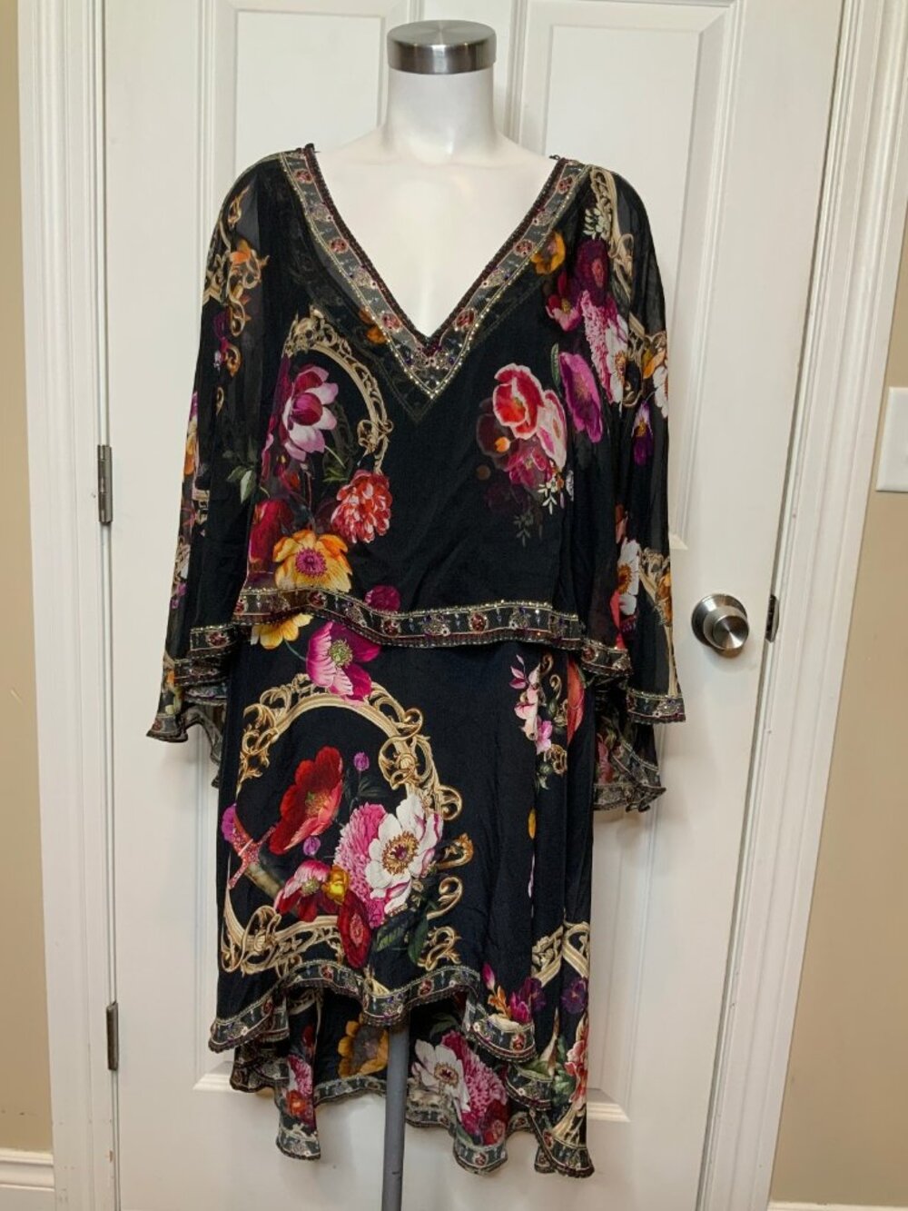 Camilla Black Multicolor Floral Silk Bejeweled Dress & Kaftan Cover-Up, Size S